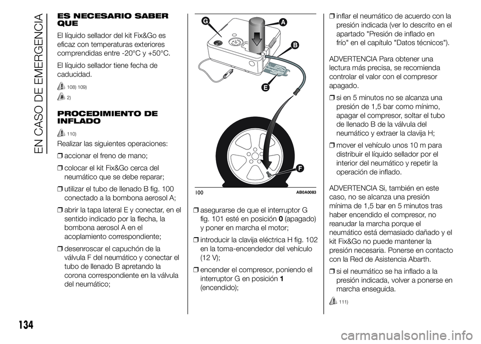 Abarth 500 2015 Manual de Empleo y Cuidado (in Spanish) ES NECESARIO SABER
QUE
El líquido sellador del kit Fix&Go es
eficaz con temperaturas exteriores
comprendidas entre -20°C y +50°C.
El líquido sellador tiene fecha de
caducidad.
108) 109)
2)
PROCEDI Abarth 500 2015 Manual de Empleo y Cuidado (in Spanish) ES NECESARIO SABER
QUE
El líquido sellador del kit Fix&Go es
eficaz con temperaturas exteriores
comprendidas entre -20°C y +50°C.
El líquido sellador tiene fecha de
caducidad.
108) 109)
2)
PROCEDI