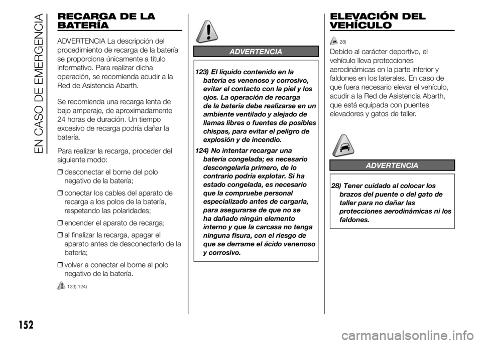 Abarth 500 2015 Manual de Empleo y Cuidado (in Spanish) RECARGA DE LA
BATERÍA
ADVERTENCIA La descripción del
procedimiento de recarga de la batería
se proporciona únicamente a título
informativo. Para realizar dicha
operación, se recomienda acudir a Abarth 500 2015 Manual de Empleo y Cuidado (in Spanish) RECARGA DE LA
BATERÍA
ADVERTENCIA La descripción del
procedimiento de recarga de la batería
se proporciona únicamente a título
informativo. Para realizar dicha
operación, se recomienda acudir a