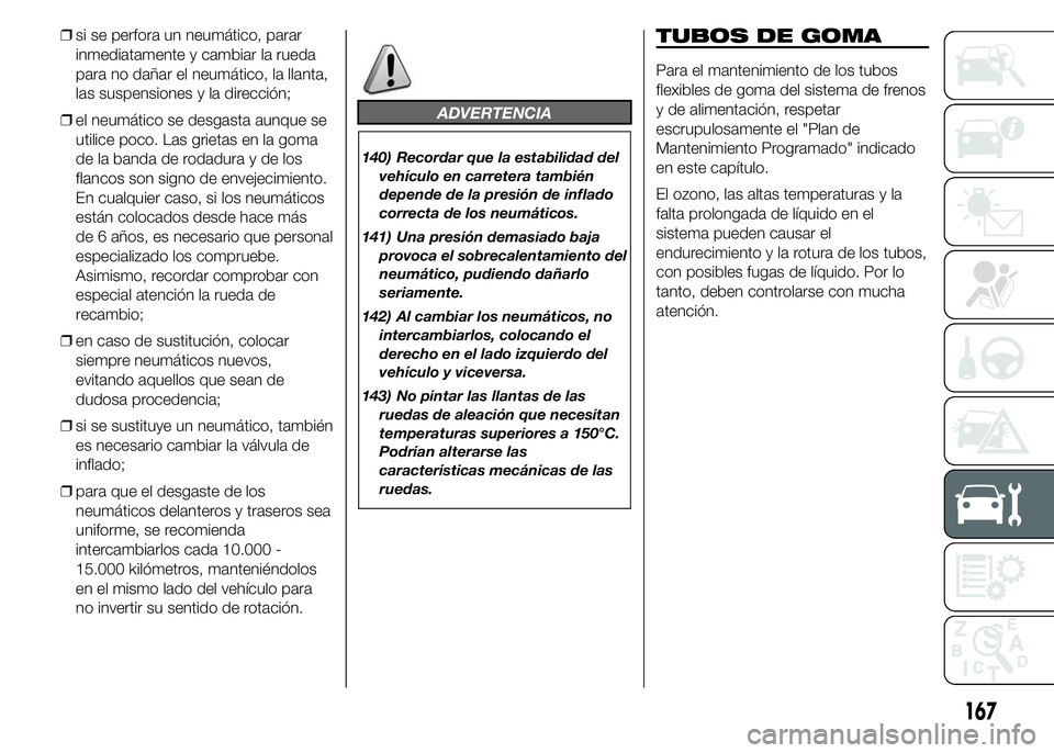 Abarth 500 2016  Manual de Empleo y Cuidado (in Spanish) ❒si se perfora un neumático, parar
inmediatamente y cambiar la rueda
para no dañar el neumático, la llanta,
las suspensiones y la dirección;
❒el neumático se desgasta aunque se
utilice poco. 