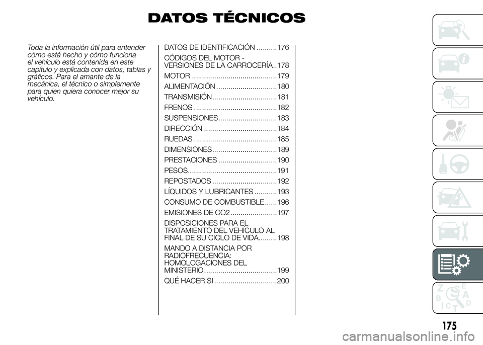 Abarth 500 2016  Manual de Empleo y Cuidado (in Spanish) DATOS TÉCNICOS
Toda la información útil para entender
cómo está hecho y cómo funciona
el vehículo está contenida en este
capítulo y explicada con datos, tablas y
gráficos. Para el amante de 