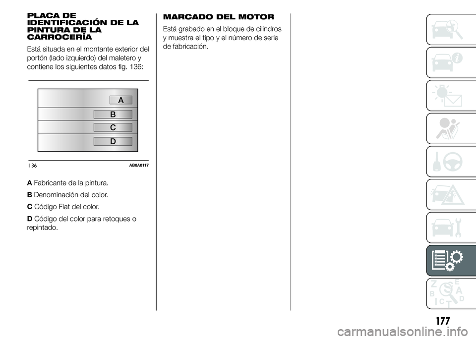 Abarth 500 2015  Manual de Empleo y Cuidado (in Spanish) MARCADO DEL MOTOR
Está grabado en el bloque de cilindros
y muestra el tipo y el número de serie
de fabricación.
177
PLACA DE
IDENTIFICACIÓN DE LA
PINTURA DE LA
CARROCERÍA
Está situada en el mont