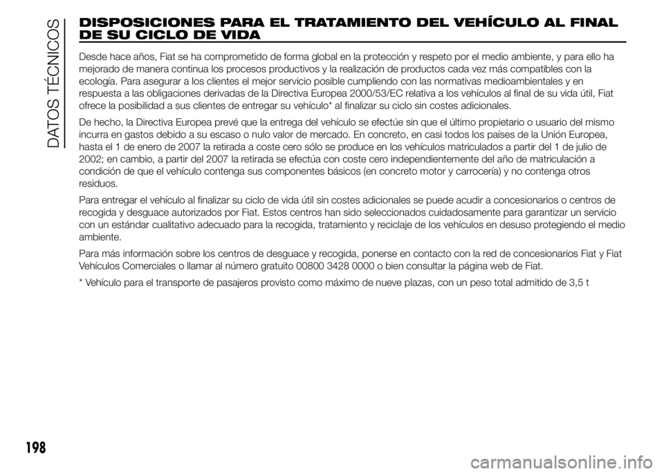 Abarth 500 2015 Manual de Empleo y Cuidado (in Spanish) DISPOSICIONES PARA EL TRATAMIENTO DEL VEHÍCULO AL FINAL
DE SU CICLO DE VIDA
Desde hace años, Fiat se ha comprometido de forma global en la protección y respeto por el medio ambiente, y para ello ha Abarth 500 2015 Manual de Empleo y Cuidado (in Spanish) DISPOSICIONES PARA EL TRATAMIENTO DEL VEHÍCULO AL FINAL
DE SU CICLO DE VIDA
Desde hace años, Fiat se ha comprometido de forma global en la protección y respeto por el medio ambiente, y para ello ha