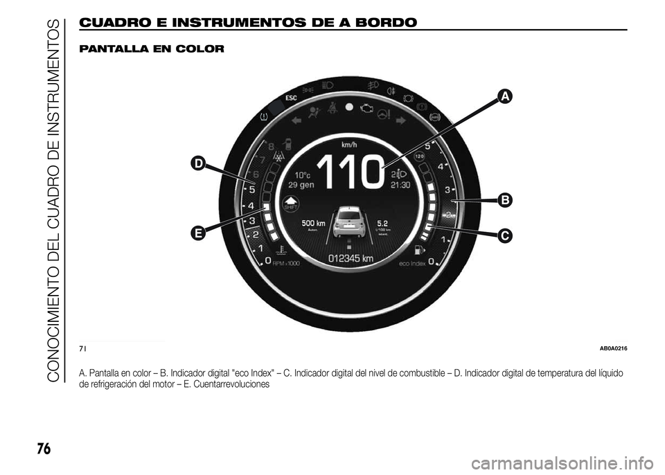 Abarth 500 2015  Manual de Empleo y Cuidado (in Spanish) CUADRO E INSTRUMENTOS DE A BORDO.
PANTALLA EN COLOR
A. Pantalla en color – B. Indicador digital "eco Index" – C. Indicador digital del nivel de combustible – D. Indicador digital de temp