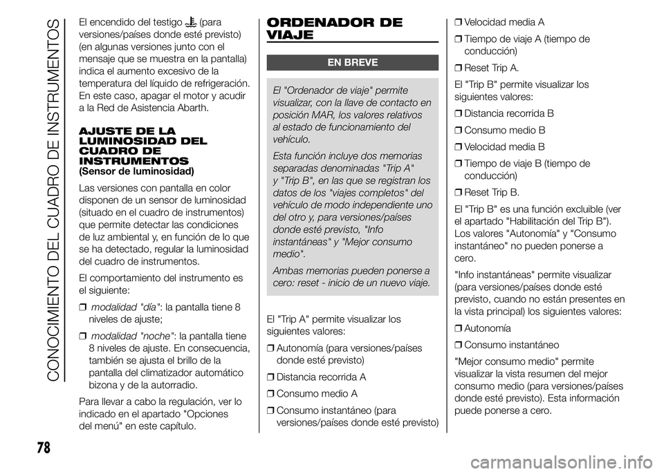 Abarth 500 2015  Manual de Empleo y Cuidado (in Spanish) El encendido del testigo(para
versiones/países donde esté previsto)
(en algunas versiones junto con el
mensaje que se muestra en la pantalla)
indica el aumento excesivo de la
temperatura del líquid
