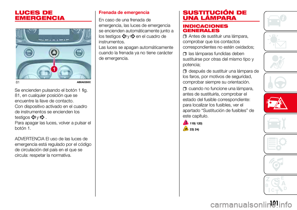 Abarth 500 2017 Manual de Empleo y Cuidado (in Spanish) LUCES DE
EMERGENCIA
Se encienden pulsando el botón 1 fig.
81, en cualquier posición que se
encuentre la llave de contacto.
Con dispositivo activado en el cuadro
de instrumentos se encienden los
test Abarth 500 2017 Manual de Empleo y Cuidado (in Spanish) LUCES DE
EMERGENCIA
Se encienden pulsando el botón 1 fig.
81, en cualquier posición que se
encuentre la llave de contacto.
Con dispositivo activado en el cuadro
de instrumentos se encienden los
test