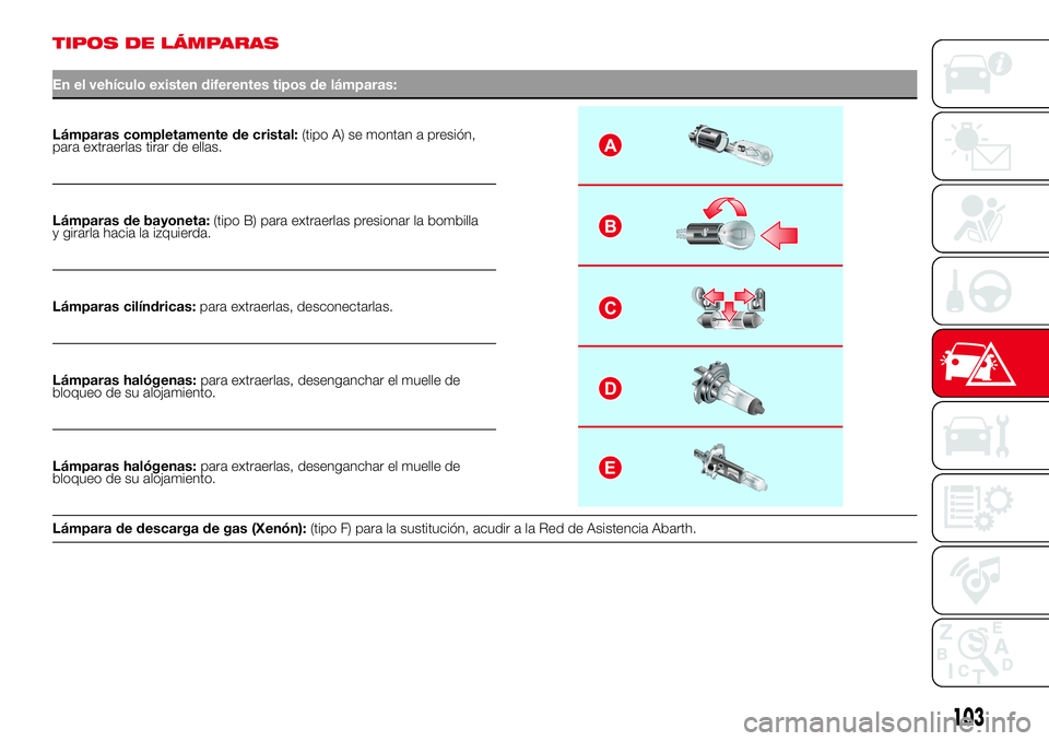 Abarth 500 2017 Manual de Empleo y Cuidado (in Spanish) TIPOS DE LÁMPARAS
En el vehículo existen diferentes tipos de lámparas:
Lámparas completamente de cristal:(tipo A) se montan a presión,
para extraerlas tirar de ellas.A
B
C
D
E
Lámparas de bayone Abarth 500 2017 Manual de Empleo y Cuidado (in Spanish) TIPOS DE LÁMPARAS
En el vehículo existen diferentes tipos de lámparas:
Lámparas completamente de cristal:(tipo A) se montan a presión,
para extraerlas tirar de ellas.A
B
C
D
E
Lámparas de bayone