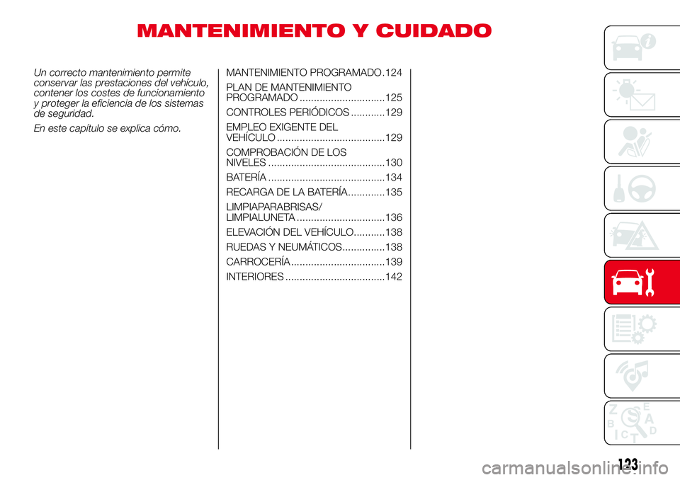 Abarth 500 2017 Manual de Empleo y Cuidado (in Spanish) MANTENIMIENTO Y CUIDADO
Un correcto mantenimiento permite
conservar las prestaciones del vehículo,
contener los costes de funcionamiento
y proteger la eficiencia de los sistemas
de seguridad.
En este Abarth 500 2017 Manual de Empleo y Cuidado (in Spanish) MANTENIMIENTO Y CUIDADO
Un correcto mantenimiento permite
conservar las prestaciones del vehículo,
contener los costes de funcionamiento
y proteger la eficiencia de los sistemas
de seguridad.
En este