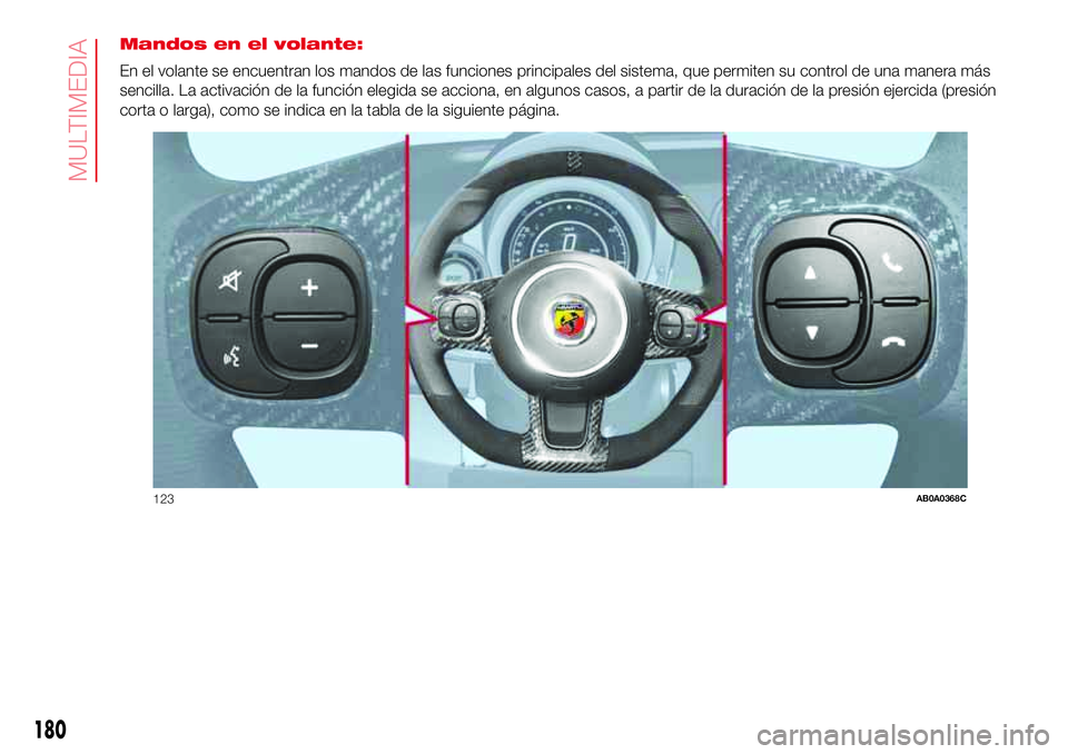 Abarth 500 2017 Manual de Empleo y Cuidado (in Spanish) Mandos en el volante:
En el volante se encuentran los mandos de las funciones principales del sistema, que permiten su control de una manera más
sencilla. La activación de la función elegida se acc Abarth 500 2017 Manual de Empleo y Cuidado (in Spanish) Mandos en el volante:
En el volante se encuentran los mandos de las funciones principales del sistema, que permiten su control de una manera más
sencilla. La activación de la función elegida se acc