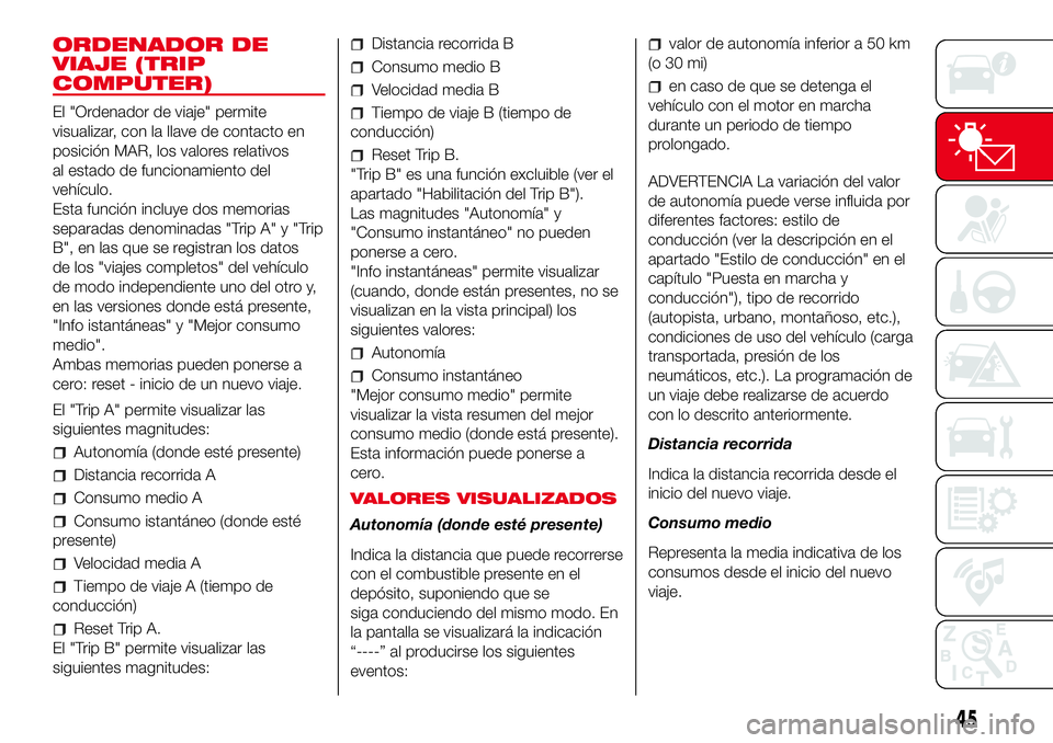 Abarth 500 2017 Manual de Empleo y Cuidado (in Spanish) ORDENADOR DE
VIAJE (TRIP
COMPUTER)
El "Ordenador de viaje" permite
visualizar, con la llave de contacto en
posición MAR, los valores relativos
al estado de funcionamiento del
vehículo.
Esta Abarth 500 2017 Manual de Empleo y Cuidado (in Spanish) ORDENADOR DE
VIAJE (TRIP
COMPUTER)
El "Ordenador de viaje" permite
visualizar, con la llave de contacto en
posición MAR, los valores relativos
al estado de funcionamiento del
vehículo.
Esta