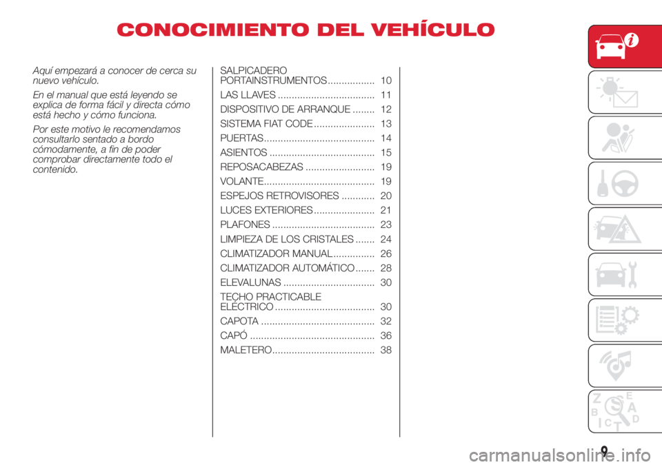 Abarth 500 2018 Manual de Empleo y Cuidado (in Spanish) CONOCIMIENTO DEL VEHÍCULO
Aquí empezará a conocer de cerca su
nuevo vehículo.
En el manual que está leyendo se
explica de forma fácil y directa cómo
está hecho y cómo funciona.
Por este motiv Abarth 500 2018 Manual de Empleo y Cuidado (in Spanish) CONOCIMIENTO DEL VEHÍCULO
Aquí empezará a conocer de cerca su
nuevo vehículo.
En el manual que está leyendo se
explica de forma fácil y directa cómo
está hecho y cómo funciona.
Por este motiv