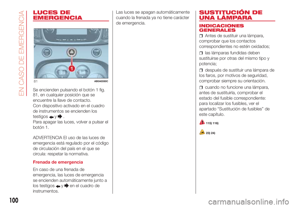Abarth 500 2018  Manual de Empleo y Cuidado (in Spanish) LUCES DE
EMERGENCIA
Se encienden pulsando el botón 1 fig.
81, en cualquier posición que se
encuentre la llave de contacto.
Con dispositivo activado en el cuadro
de instrumentos se encienden los
test