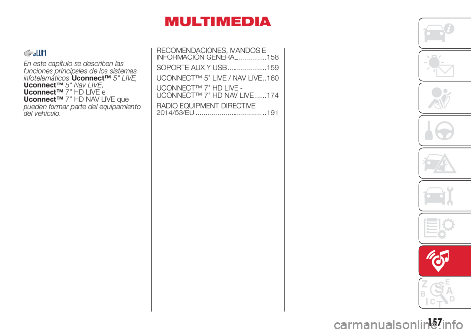 Abarth 500 2018  Manual de Empleo y Cuidado (in Spanish) MULTIMEDIA
En este capítulo se describen las
funciones principales de los sistemas
infotelemáticosUconnect™5" LIVE,
Uconnect™5" Nav LIVE,
Uconnect™7” HD LIVE e
Uconnect™7” HD NAV