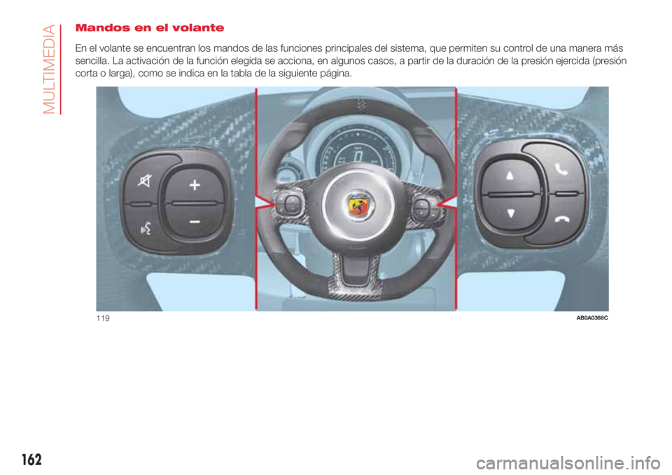 Abarth 500 2018 Manual de Empleo y Cuidado (in Spanish) Mandos en el volante
En el volante se encuentran los mandos de las funciones principales del sistema, que permiten su control de una manera más
sencilla. La activación de la función elegida se acci Abarth 500 2018 Manual de Empleo y Cuidado (in Spanish) Mandos en el volante
En el volante se encuentran los mandos de las funciones principales del sistema, que permiten su control de una manera más
sencilla. La activación de la función elegida se acci