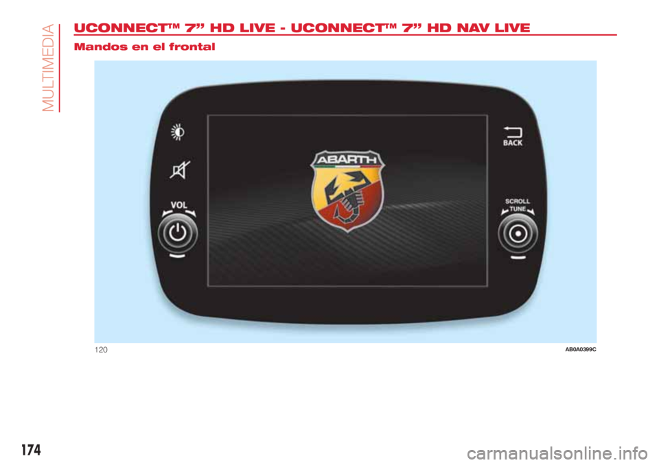 Abarth 500 2018 Manual de Empleo y Cuidado (in Spanish) UCONNECT™ 7” HD LIVE - UCONNECT™ 7” HD NAV LIVE.
Mandos en el frontal
120AB0A0399C
174
MULTIMEDIA Abarth 500 2018 Manual de Empleo y Cuidado (in Spanish) UCONNECT™ 7” HD LIVE - UCONNECT™ 7” HD NAV LIVE.
Mandos en el frontal
120AB0A0399C
174
MULTIMEDIA
