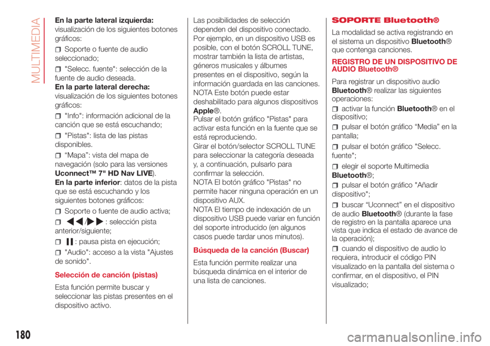 Abarth 500 2018 Manual de Empleo y Cuidado (in Spanish) En la parte lateral izquierda:
visualización de los siguientes botones
gráficos:
Soporte o fuente de audio
seleccionado;
"Selecc. fuente": selección de la
fuente de audio deseada.
En la par Abarth 500 2018 Manual de Empleo y Cuidado (in Spanish) En la parte lateral izquierda:
visualización de los siguientes botones
gráficos:
Soporte o fuente de audio
seleccionado;
"Selecc. fuente": selección de la
fuente de audio deseada.
En la par