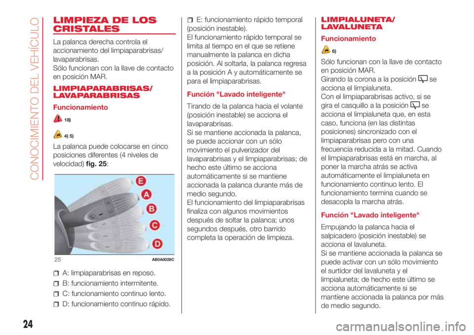 Abarth 500 2018 Manual de Empleo y Cuidado (in Spanish) LIMPIEZA DE LOS
CRISTALES
La palanca derecha controla el
accionamiento del limpiaparabrisas/
lavaparabrisas.
Sólo funcionan con la llave de contacto
en posición MAR.
LIMPIAPARABRISAS/
LAVAPARABRISAS Abarth 500 2018 Manual de Empleo y Cuidado (in Spanish) LIMPIEZA DE LOS
CRISTALES
La palanca derecha controla el
accionamiento del limpiaparabrisas/
lavaparabrisas.
Sólo funcionan con la llave de contacto
en posición MAR.
LIMPIAPARABRISAS/
LAVAPARABRISAS