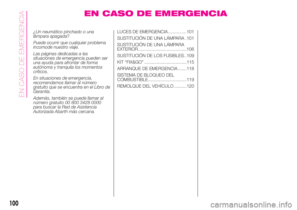 Abarth 500 2020 Manual de Empleo y Cuidado (in Spanish) EN CASO DE EMERGENCIA
¿Un neumático pinchado o una
lámpara apagada?
Puede ocurrir que cualquier problema
incomode nuestro viaje.
Las páginas dedicadas a las
situaciones de emergencia pueden ser
un Abarth 500 2020 Manual de Empleo y Cuidado (in Spanish) EN CASO DE EMERGENCIA
¿Un neumático pinchado o una
lámpara apagada?
Puede ocurrir que cualquier problema
incomode nuestro viaje.
Las páginas dedicadas a las
situaciones de emergencia pueden ser
un