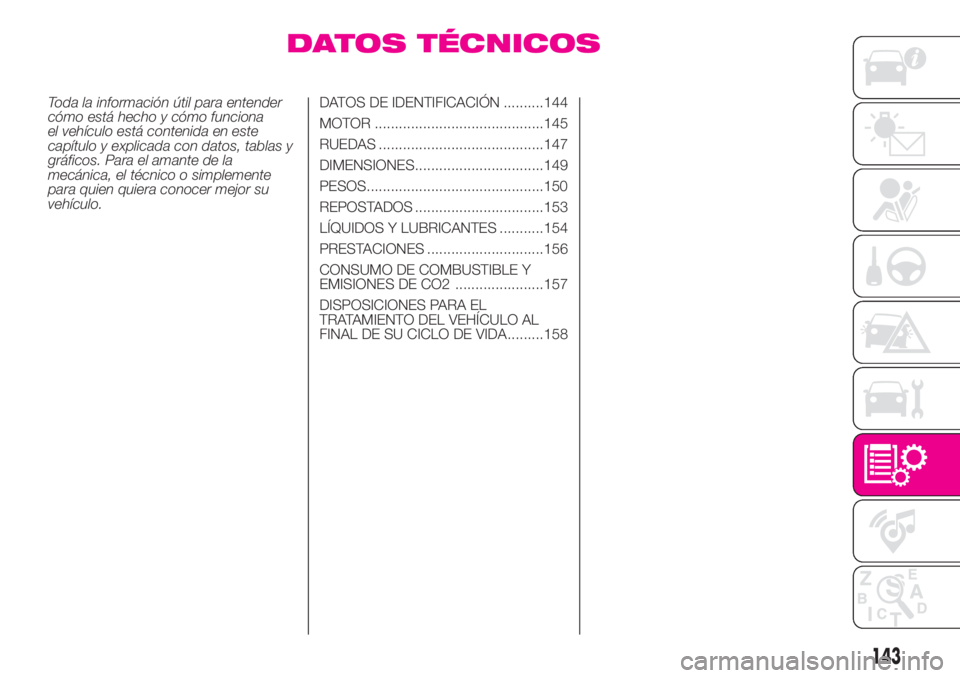 Abarth 500 2020 Manual de Empleo y Cuidado (in Spanish) DATOS TÉCNICOS
Toda la información útil para entender
cómo está hecho y cómo funciona
el vehículo está contenida en este
capítulo y explicada con datos, tablas y
gráficos. Para el amante de Abarth 500 2020 Manual de Empleo y Cuidado (in Spanish) DATOS TÉCNICOS
Toda la información útil para entender
cómo está hecho y cómo funciona
el vehículo está contenida en este
capítulo y explicada con datos, tablas y
gráficos. Para el amante de