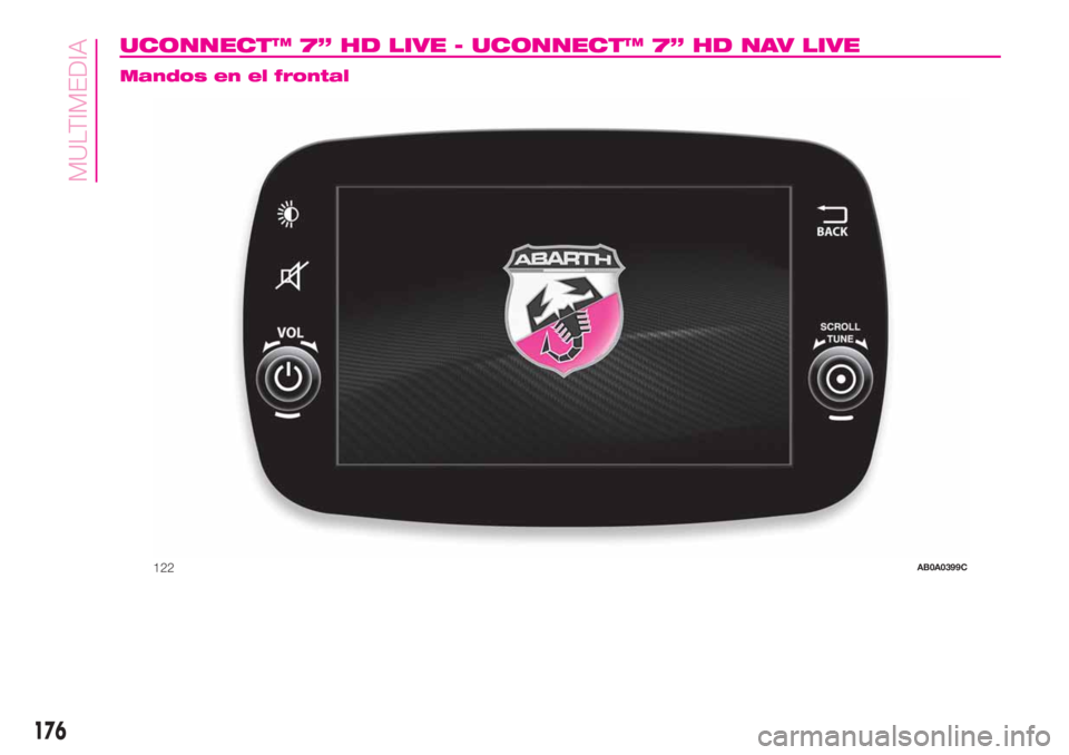 Abarth 500 2020  Manual de Empleo y Cuidado (in Spanish) UCONNECT™ 7” HD LIVE - UCONNECT™ 7” HD NAV LIVE.
Mandos en el frontal
122AB0A0399C
176
MULTIMEDIA 