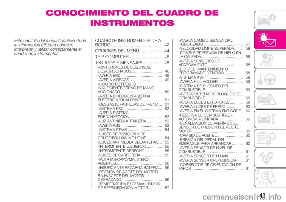Abarth 500 2019  Manual de Empleo y Cuidado (in Spanish) CONOCIMIENTO DEL CUADRO DE
INSTRUMENTOS
Este capítulo del manual contiene toda
la información útil para conocer,
interpretar y utilizar correctamente el
cuadro de instrumentos.CUADRO E INSTRUMENTOS