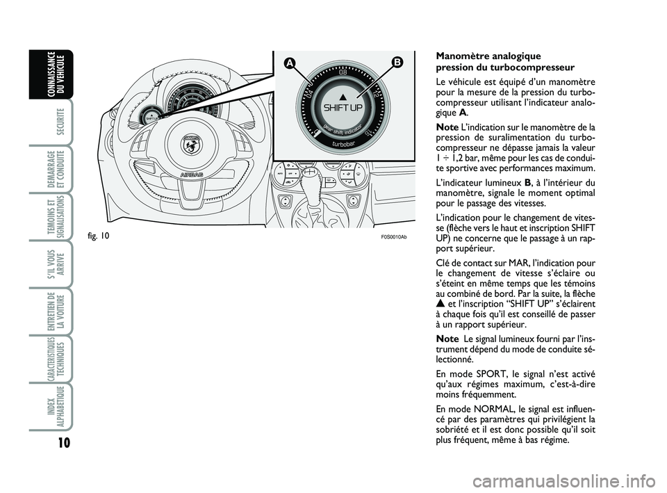 Abarth 500 2010  Notice dentretien (in French) 10
SECURITE
DEMARRAGE 
ET CONDUITE
TEMOINS ETSIGNALISATION
S
S’IL VOUS
ARRIVE
ENTRETIEN DE
LA VOITURE
CARACTERISTIQUESTECHNIQUES
INDEX
ALPHABETIQUE
CONNAISSANCE
DU VEHICULE
Manomètre analogique 
pr