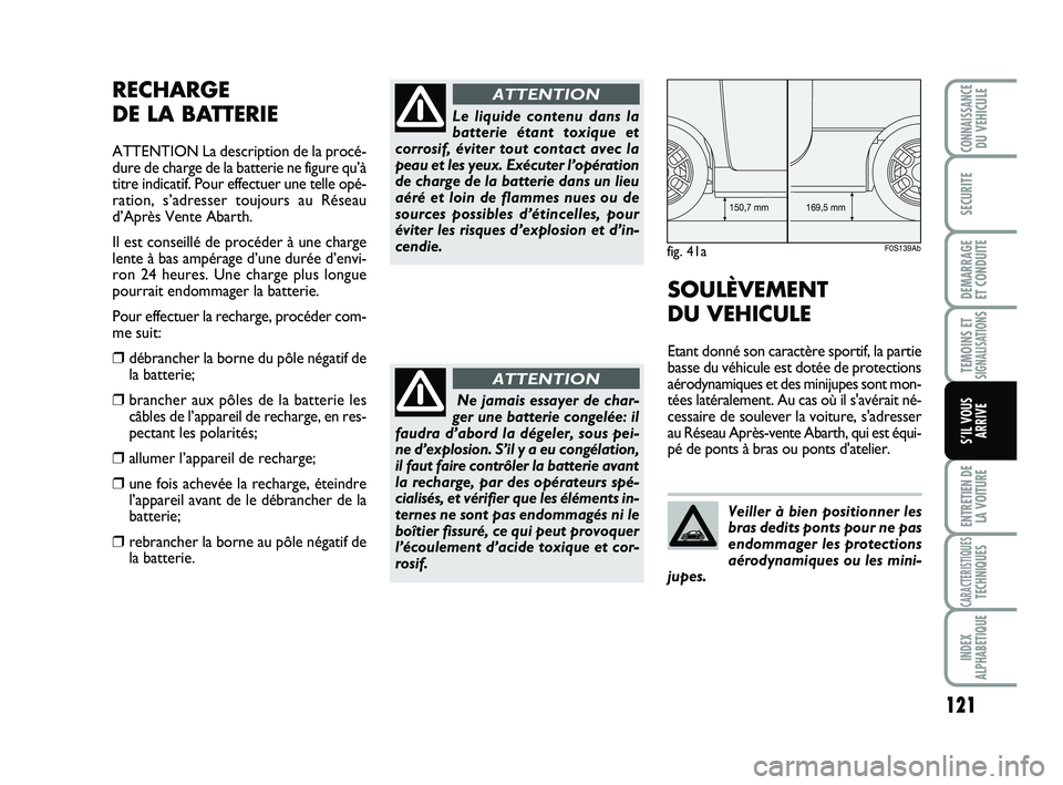 Abarth 500 2008 Notice dentretien (in French) 121
TEMOINS ETSIGNALISATION
S
ENTRETIEN DE
LA VOITURE
CARACTERISTIQUESTECHNIQUES
INDEX
ALPHABETIQUE
CONNAISSANCEDU VEHICULE
SECURITE
DEMARRAGE
ET CONDUITE
S’IL VOUS
ARRIVE
RECHARGE
DE LA BATTERIE
A Abarth 500 2008 Notice dentretien (in French) 121
TEMOINS ETSIGNALISATION
S
ENTRETIEN DE
LA VOITURE
CARACTERISTIQUESTECHNIQUES
INDEX
ALPHABETIQUE
CONNAISSANCEDU VEHICULE
SECURITE
DEMARRAGE
ET CONDUITE
S’IL VOUS
ARRIVE
RECHARGE
DE LA BATTERIE
A