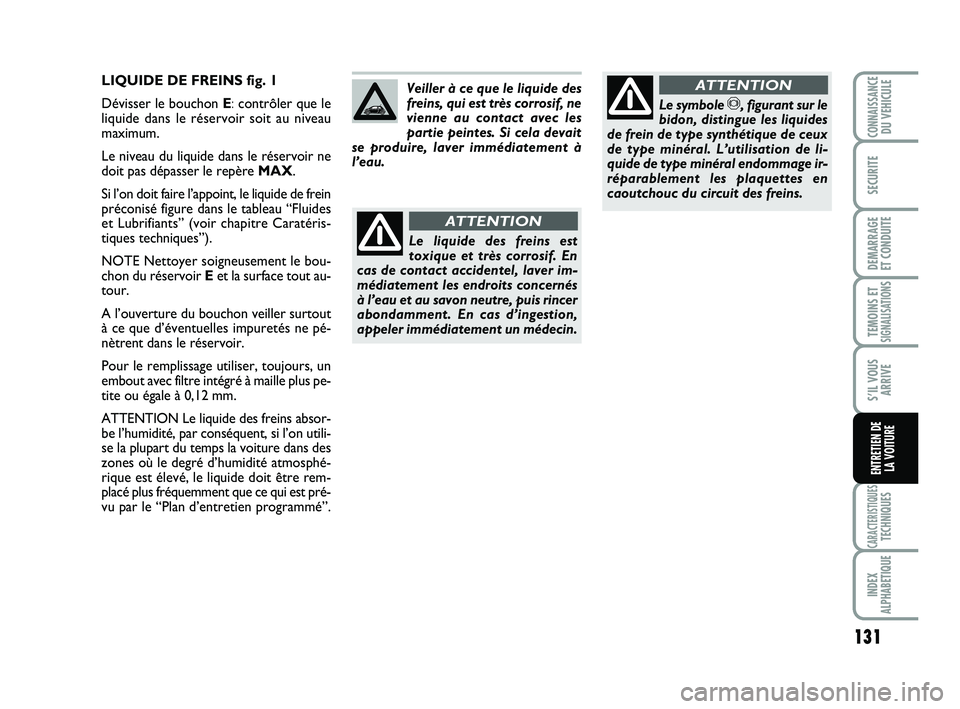 Abarth 500 2008 Notice dentretien (in French) 131
TEMOINS ETSIGNALISATION
S
CARACTERISTIQUESTECHNIQUES
INDEX
ALPHABETIQUE
CONNAISSANCEDU VEHICULE
SECURITE
DEMARRAGE
ET CONDUITE
S’IL VOUS
ARRIVE
ENTRETIEN DE
LA VOITURE
LIQUIDE DE FREINS fig. 1 Abarth 500 2008 Notice dentretien (in French) 131
TEMOINS ETSIGNALISATION
S
CARACTERISTIQUESTECHNIQUES
INDEX
ALPHABETIQUE
CONNAISSANCEDU VEHICULE
SECURITE
DEMARRAGE
ET CONDUITE
S’IL VOUS
ARRIVE
ENTRETIEN DE
LA VOITURE
LIQUIDE DE FREINS fig. 1