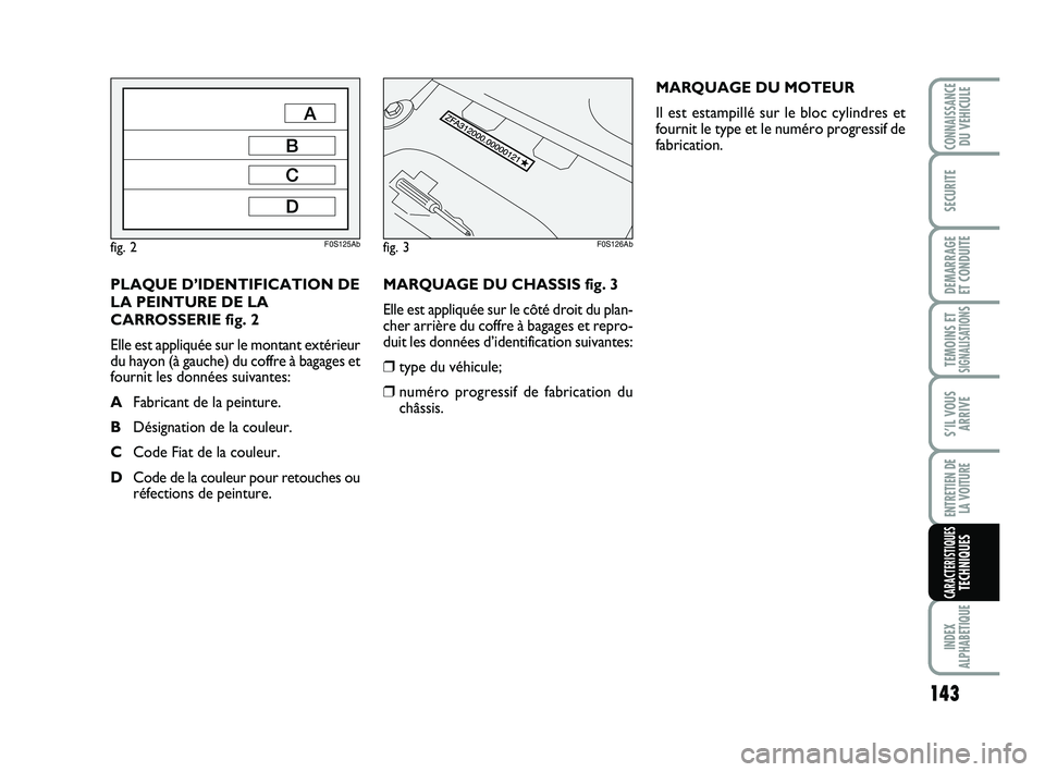 Abarth 500 2008 Notice dentretien (in French) MARQUAGE DU CHASSIS fig. 3
Elle est appliquée sur le côté droit du plan-
cher arrière du coffre à bagages et repro-
duit les données d’identification suivantes:
❒type du véhicule;
❒numér Abarth 500 2008 Notice dentretien (in French) MARQUAGE DU CHASSIS fig. 3
Elle est appliquée sur le côté droit du plan-
cher arrière du coffre à bagages et repro-
duit les données d’identification suivantes:
❒type du véhicule;
❒numér