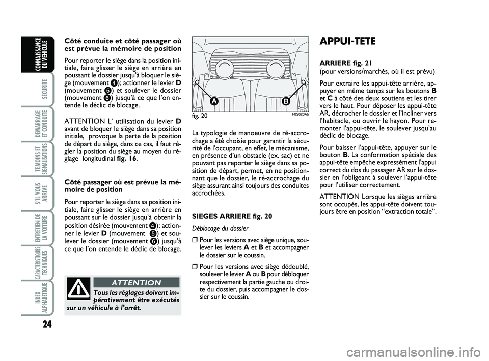 Abarth 500 2009  Notice dentretien (in French) 24
SECURITE
DEMARRAGE 
ET CONDUITE
TEMOINS ETSIGNALISATION
S
S’IL VOUS
ARRIVE
ENTRETIEN DE
LA VOITURE
CARACTERISTIQUESTECHNIQUES
INDEX
ALPHABETIQUE
CONNAISSANCE
DU VEHICULE
Côté conduite et côté