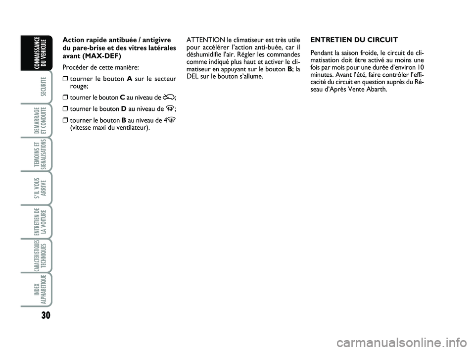 Abarth 500 2008  Notice dentretien (in French) 30
SECURITE
DEMARRAGE 
ET CONDUITE
TEMOINS ETSIGNALISATION
S
S’IL VOUS
ARRIVE
ENTRETIEN DE
LA VOITURE
CARACTERISTIQUESTECHNIQUES
INDEX
ALPHABETIQUE
CONNAISSANCE
DU VEHICULE
Action rapide antibuée /