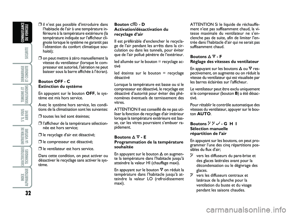 Abarth 500 2008  Notice dentretien (in French) 32
SECURITE
DEMARRAGE 
ET CONDUITE
TEMOINS ETSIGNALISATION
S
S’IL VOUS
ARRIVE
ENTRETIEN DE
LA VOITURE
CARACTERISTIQUESTECHNIQUES
INDEX
ALPHABETIQUE
CONNAISSANCE
DU VEHICULE
❒il n’est pas possibl