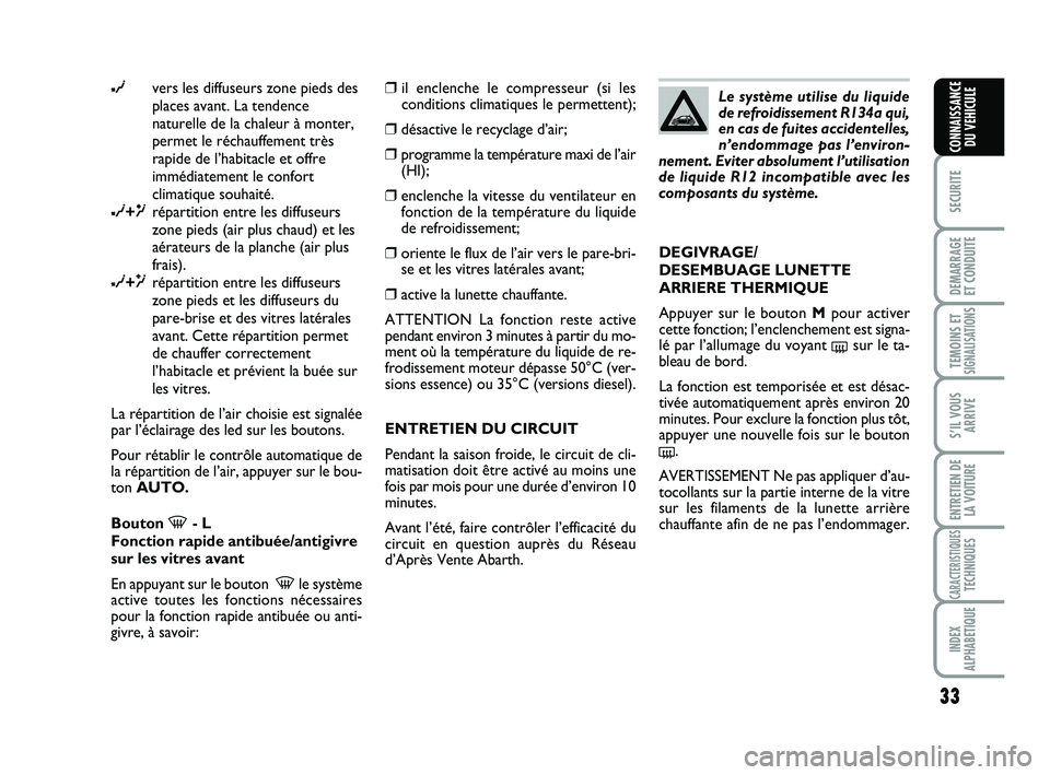 Abarth 500 2008  Notice dentretien (in French) 33
SECURITE
DEMARRAGE
ET CONDUITE
TEMOINS ETSIGNALISATION
S
S’IL VOUS
ARRIVE
ENTRETIEN DE
LA VOITURE
CARACTERISTIQUESTECHNIQUES
INDEX
ALPHABETIQUE
CONNAISSANCE
DU VEHICULE
∂vers les diffuseurs zon