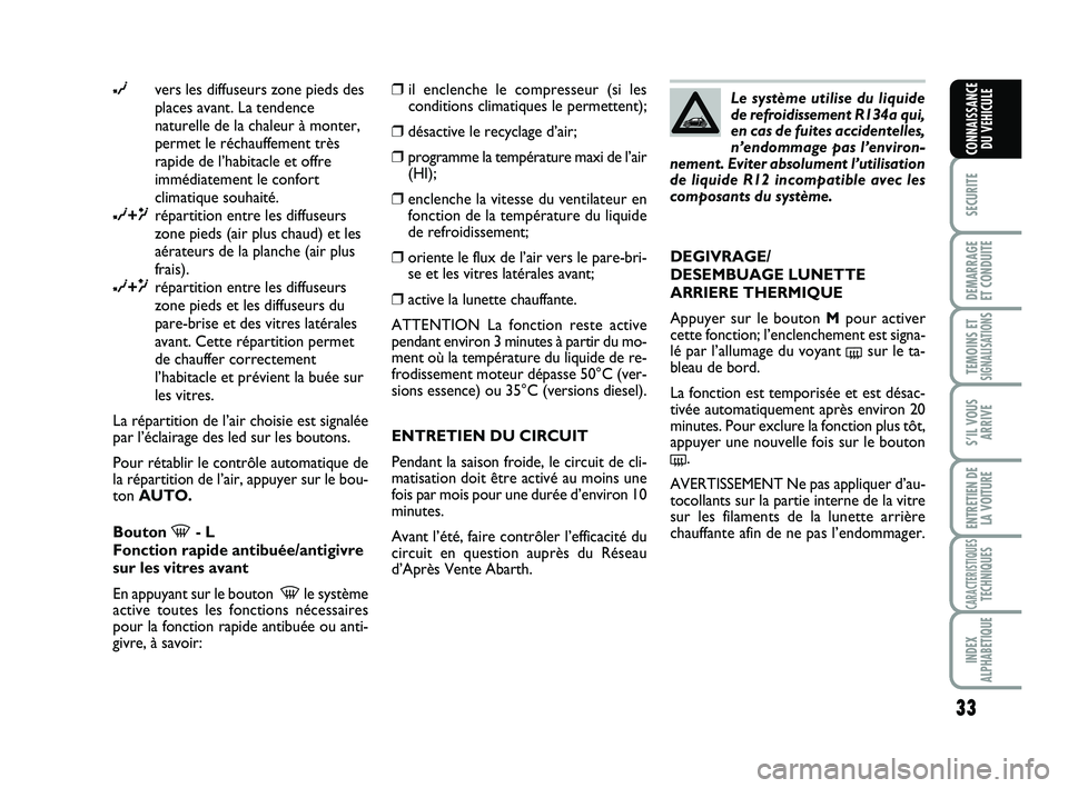Abarth 500 2010 Notice dentretien (in French) 33
SECURITE
DEMARRAGE
ET CONDUITE
TEMOINS ETSIGNALISATION
S
S’IL VOUS
ARRIVE
ENTRETIEN DE
LA VOITURE
CARACTERISTIQUESTECHNIQUES
INDEX
ALPHABETIQUE
CONNAISSANCE
DU VEHICULE
∂vers les diffuseurs zon Abarth 500 2010 Notice dentretien (in French) 33
SECURITE
DEMARRAGE
ET CONDUITE
TEMOINS ETSIGNALISATION
S
S’IL VOUS
ARRIVE
ENTRETIEN DE
LA VOITURE
CARACTERISTIQUESTECHNIQUES
INDEX
ALPHABETIQUE
CONNAISSANCE
DU VEHICULE
∂vers les diffuseurs zon