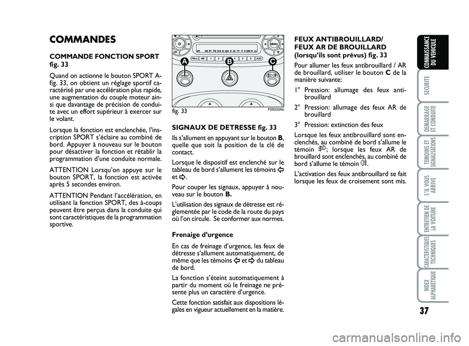 Abarth 500 2008 Notice dentretien (in French) 37
SECURITE
DEMARRAGE
ET CONDUITE
TEMOINS ETSIGNALISATION
S
S’IL VOUS
ARRIVE
ENTRETIEN DE
LA VOITURE
CARACTERISTIQUESTECHNIQUES
INDEX
ALPHABETIQUE
CONNAISSANCE
DU VEHICULE
COMMANDES
COMMANDE FONCTIO Abarth 500 2008 Notice dentretien (in French) 37
SECURITE
DEMARRAGE
ET CONDUITE
TEMOINS ETSIGNALISATION
S
S’IL VOUS
ARRIVE
ENTRETIEN DE
LA VOITURE
CARACTERISTIQUESTECHNIQUES
INDEX
ALPHABETIQUE
CONNAISSANCE
DU VEHICULE
COMMANDES
COMMANDE FONCTIO