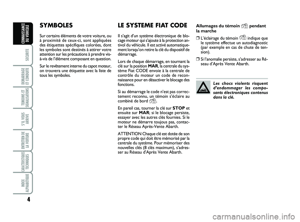 Abarth 500 2010  Notice dentretien (in French) Allumages du témoin Ypendant
la marche
❒L’éclairage du témoin Yindique que
le système effectue un autodiagnostic
(par exemple en cas de chute de ten-
sion). 
❒Si l’anomalie persiste, s’a