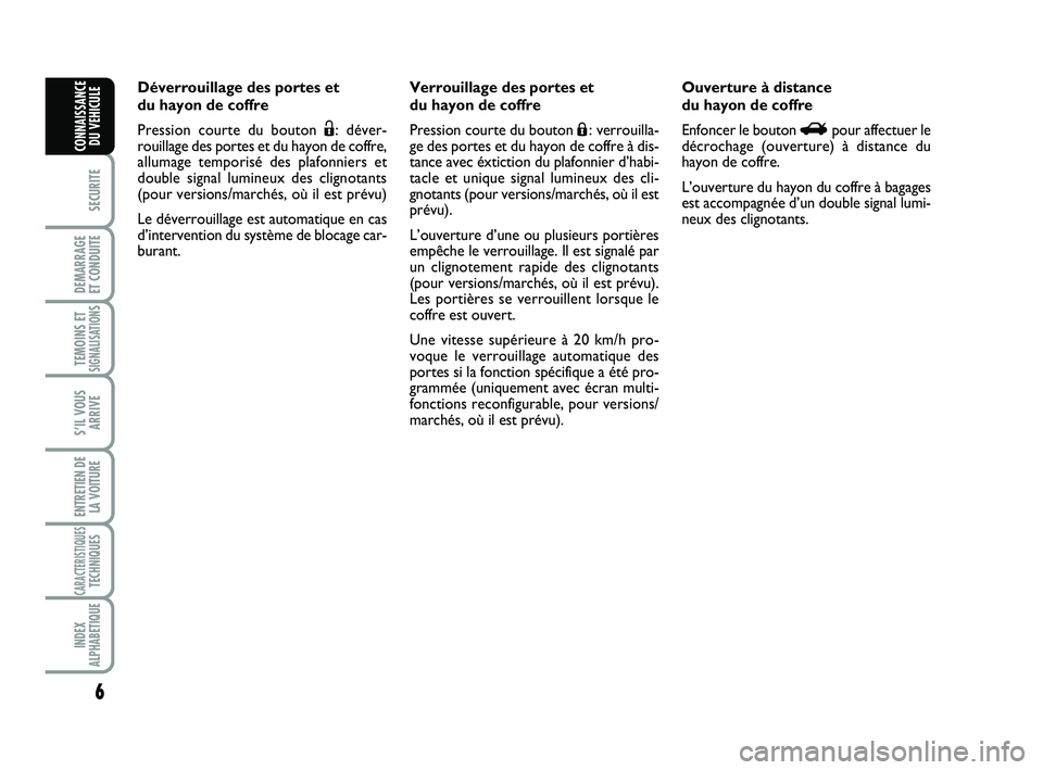 Abarth 500 2010 Notice dentretien (in French) 6
SECURITE
DEMARRAGE
ET CONDUITE
TEMOINS ETSIGNALISATION
S
S’IL VOUS
ARRIVE
ENTRETIEN DE
LA VOITURE
CARACTERISTIQUESTECHNIQUES
INDEX
ALPHABETIQUE
CONNAISSANCE
DU VEHICULE
Déverrouillage des portes Abarth 500 2010 Notice dentretien (in French) 6
SECURITE
DEMARRAGE
ET CONDUITE
TEMOINS ETSIGNALISATION
S
S’IL VOUS
ARRIVE
ENTRETIEN DE
LA VOITURE
CARACTERISTIQUESTECHNIQUES
INDEX
ALPHABETIQUE
CONNAISSANCE
DU VEHICULE
Déverrouillage des portes