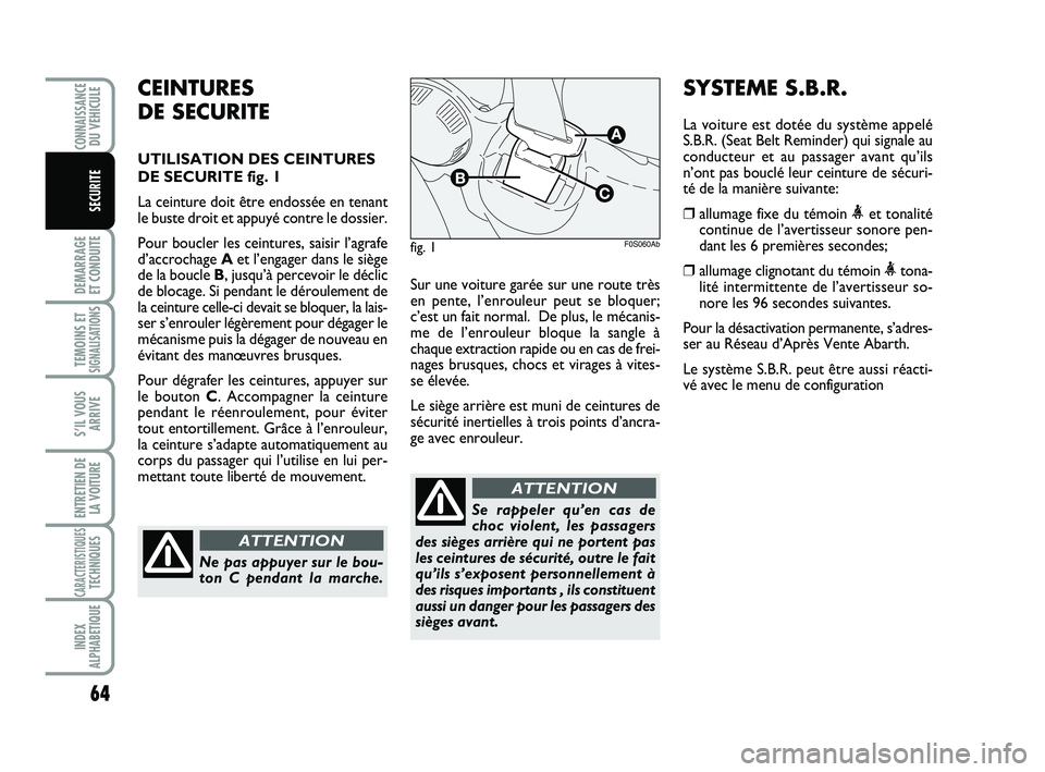 Abarth 500 2008  Notice dentretien (in French) 64
DEMARRAGE 
ET CONDUITE
TEMOINS ETSIGNALISATION
S
S’IL VOUS
ARRIVE
ENTRETIEN DE
LA VOITURE
CARACTERISTIQUESTECHNIQUES
INDEX
ALPHABETIQUE
CONNAISSANCEDU VEHICULE
SECURITE
Sur une voiture garée sur