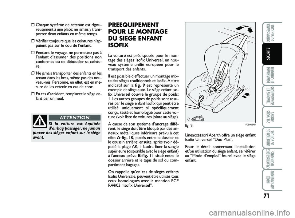 Abarth 500 2009  Notice dentretien (in French) 71
DEMARRAGE 
ET CONDUITE
TEMOINS ETSIGNALISATION
S
S’IL VOUS
ARRIVE
ENTRETIEN DE
LA VOITURE
CARACTERISTIQUESTECHNIQUES
INDEX
ALPHABETIQUE
CONNAISSANCEDU VEHICULE
SECURITE
❒Chaque système de rete