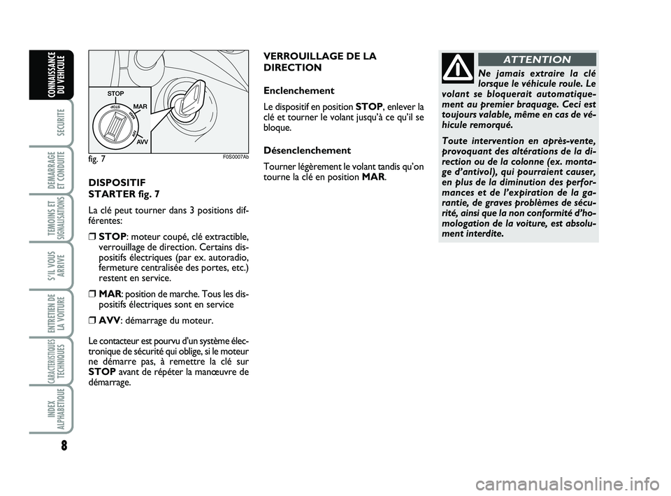 Abarth 500 2010 Notice dentretien (in French) DISPOSITIF
STARTER fig. 7
La clé peut tourner dans 3 positions dif-
férentes:
❒STOP: moteur coupé, clé extractible,
verrouillage de direction. Certains dis-
positifs électriques (par ex. autor Abarth 500 2010 Notice dentretien (in French) DISPOSITIF
STARTER fig. 7
La clé peut tourner dans 3 positions dif-
férentes:
❒STOP: moteur coupé, clé extractible,
verrouillage de direction. Certains dis-
positifs électriques (par ex. autor