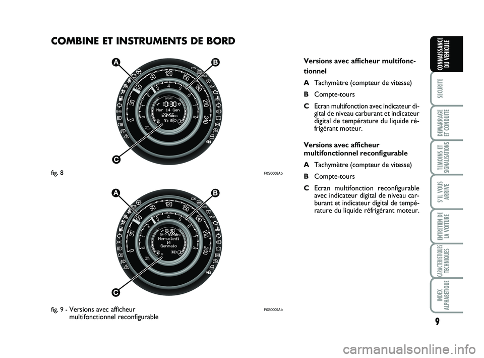 Abarth 500 2009  Notice dentretien (in French) F0S0008Ab
F0S0009Ab
COMBINE ET INSTRUMENTS DE BORD 
9
SECURITE
DEMARRAGE
ET CONDUITE
TEMOINS ETSIGNALISATION
S
S’IL VOUS
ARRIVE
ENTRETIEN DE
LA VOITURE
CARACTERISTIQUESTECHNIQUES
INDEX
ALPHABETIQUE
