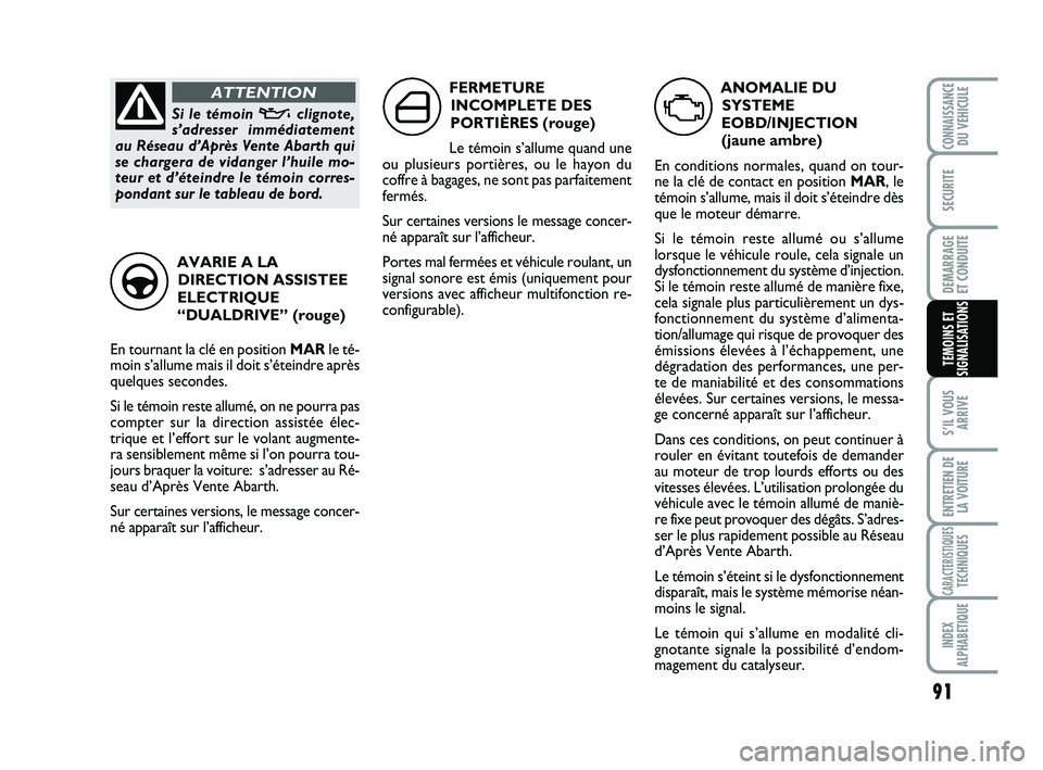 Abarth 500 2008 Notice dentretien (in French) 91
S’IL VOUS
ARRIVE
ENTRETIEN DE
LA VOITURE
CARACTERISTIQUESTECHNIQUES
INDEX
ALPHABETIQUE
CONNAISSANCEDU VEHICULE
SECURITE
DEMARRAGE
ET CONDUITE
TEMOINS ET
SIGNALISATIONS
ANOMALIE DU
SYSTEME
EOBD/I Abarth 500 2008 Notice dentretien (in French) 91
S’IL VOUS
ARRIVE
ENTRETIEN DE
LA VOITURE
CARACTERISTIQUESTECHNIQUES
INDEX
ALPHABETIQUE
CONNAISSANCEDU VEHICULE
SECURITE
DEMARRAGE
ET CONDUITE
TEMOINS ET
SIGNALISATIONS
ANOMALIE DU
SYSTEME
EOBD/I