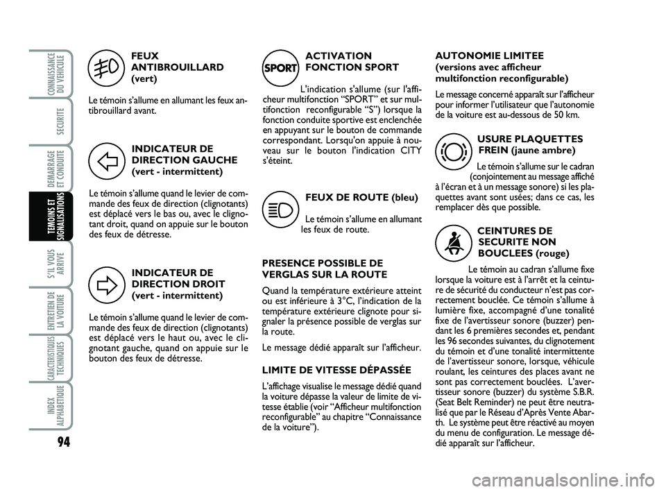 Abarth 500 2008  Notice dentretien (in French) FEUX
ANTIBROUILLARD
(vert)
Le témoin s’allume en allumant les feux an-
tibrouillard avant.
5
INDICATEUR DE
DIRECTION GAUCHE
(vert - intermittent)
Le témoin s’allume quand le levier de com-
mande