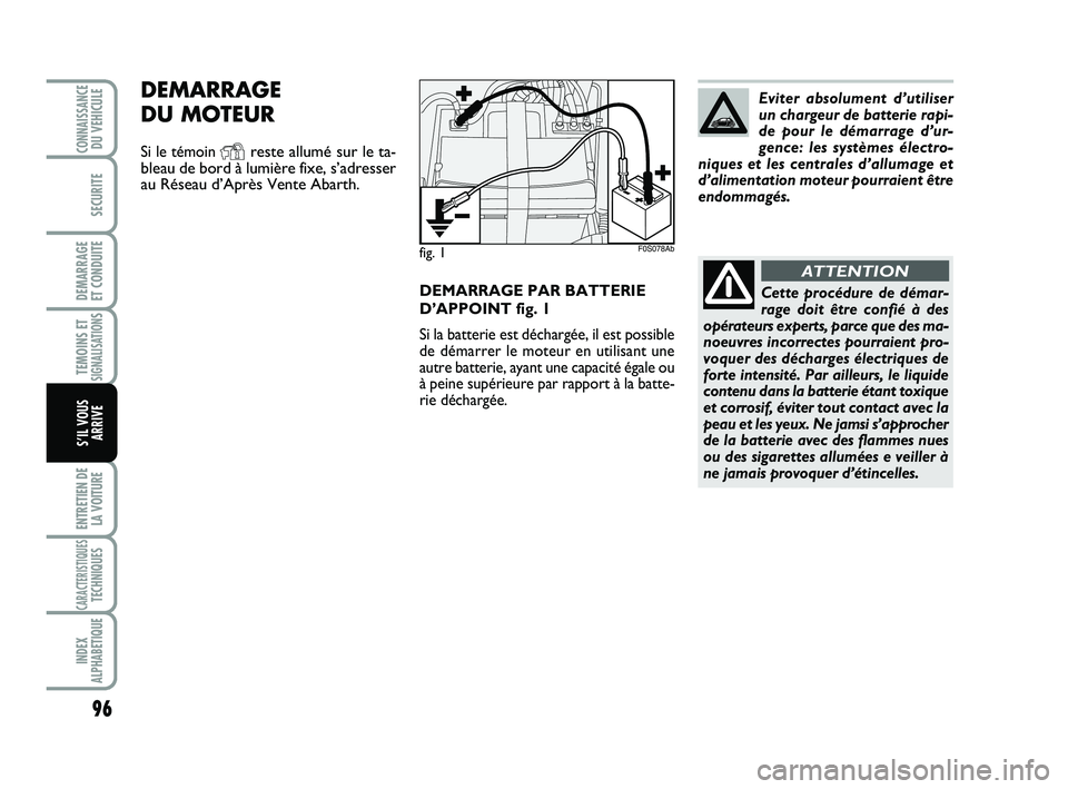 Abarth 500 2008 Notice dentretien (in French) DEMARRAGE PAR BATTERIE
D’APPOINT fig. 1
Si la batterie est déchargée, il est possible
de démarrer le moteur en utilisant une
autre batterie, ayant une capacité égale ou
à peine supérieure par Abarth 500 2008 Notice dentretien (in French) DEMARRAGE PAR BATTERIE
D’APPOINT fig. 1
Si la batterie est déchargée, il est possible
de démarrer le moteur en utilisant une
autre batterie, ayant une capacité égale ou
à peine supérieure par