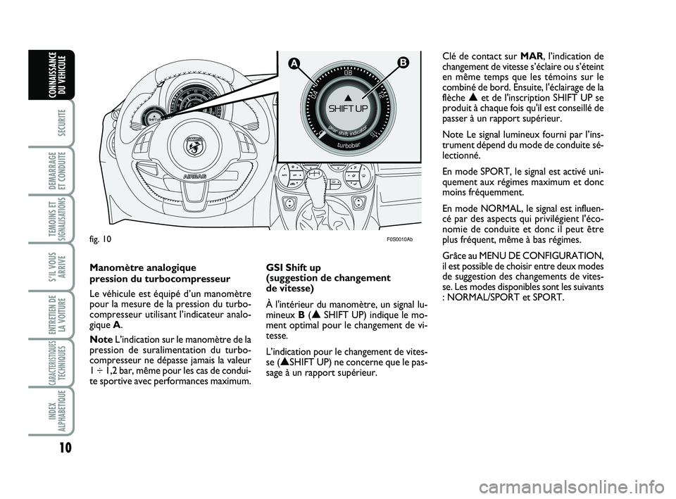 Abarth 500 2011  Notice dentretien (in French) 
10

SECURITE

DEMARRAGE 
ET CONDUITE

TEMOINS ETSIGNALISATION
S

S’IL VOUS ARRIVE

ENTRETIEN DELA VOITURE

CARACTERISTIQUESTECHNIQUES

INDEX
ALPHABETIQUE
CONNAISSANCE DU VEHICULE


F0S0010Abfig. 