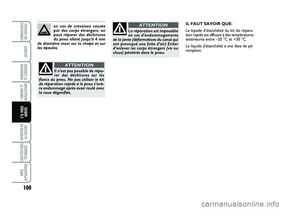 Abarth 500 2011  Notice dentretien (in French) 100
TEMOINS ETSIGNALISATION
S
ENTRETIEN DE
LA VOITURE
CARACTERISTIQUESTECHNIQUES
INDEX
ALPHABETIQUE
CONNAISSANCEDU VEHICULE
SECURITE
DEMARRAGE 
ET CONDUITE
S’IL VOUS
ARRIVE
en cas de crevaison caus