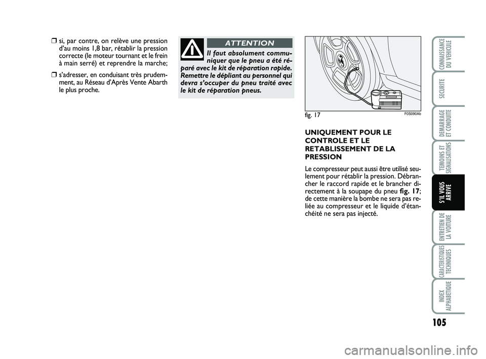 Abarth 500 2011  Notice dentretien (in French) 105
TEMOINS ETSIGNALISATION
S
ENTRETIEN DE
LA VOITURE
CARACTERISTIQUESTECHNIQUES
INDEX
ALPHABETIQUE
CONNAISSANCEDU VEHICULE
SECURITE
DEMARRAGE 
ET CONDUITE
S’IL VOUS
ARRIVE
fig. 17F0S090Ab
❒si, pa