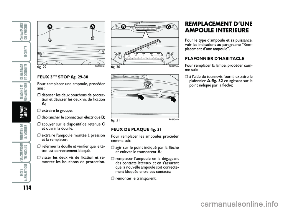 Abarth 500 2011 Notice dentretien (in French) 114
TEMOINS ETSIGNALISATION
S
ENTRETIEN DE
LA VOITURE
CARACTERISTIQUESTECHNIQUES
INDEX
ALPHABETIQUE
CONNAISSANCEDU VEHICULE
SECURITE
DEMARRAGE
ET CONDUITE
S’IL VOUS
ARRIVE
REMPLACEMENT D’UNE
AMPO Abarth 500 2011 Notice dentretien (in French) 114
TEMOINS ETSIGNALISATION
S
ENTRETIEN DE
LA VOITURE
CARACTERISTIQUESTECHNIQUES
INDEX
ALPHABETIQUE
CONNAISSANCEDU VEHICULE
SECURITE
DEMARRAGE
ET CONDUITE
S’IL VOUS
ARRIVE
REMPLACEMENT D’UNE
AMPO