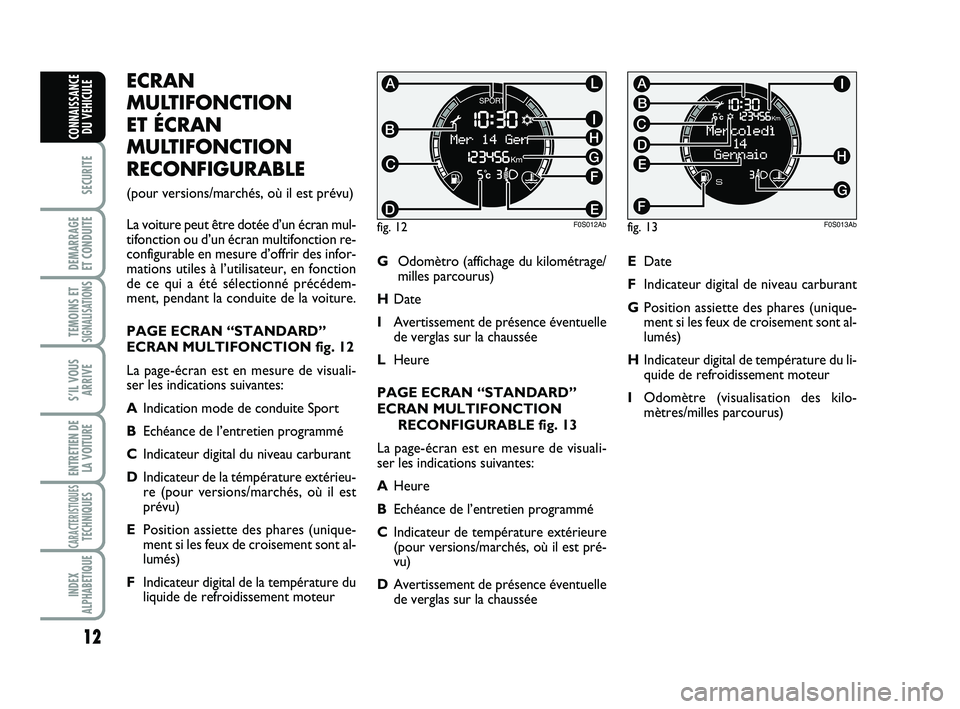 Abarth 500 2012  Notice dentretien (in French) 12
SECURITE
DEMARRAGE 
ET CONDUITE
TEMOINS ETSIGNALISATION
S
S’IL VOUS
ARRIVE
ENTRETIEN DE
LA VOITURE
CARACTERISTIQUESTECHNIQUES
INDEX
ALPHABETIQUE
CONNAISSANCE
DU VEHICULE
ECRAN
MULTIFONCTION 
ET �