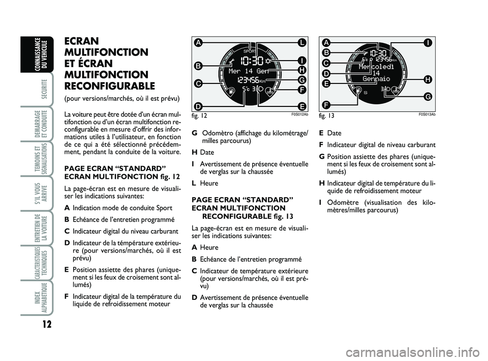 Abarth 500 2012  Notice dentretien (in French) 12
SECURITE
DEMARRAGE 
ET CONDUITE
TEMOINS ETSIGNALISATION
S
S’IL VOUS
ARRIVE
ENTRETIEN DE
LA VOITURE
CARACTERISTIQUESTECHNIQUES
INDEX
ALPHABETIQUE
CONNAISSANCE
DU VEHICULE
ECRAN
MULTIFONCTION 
ET 