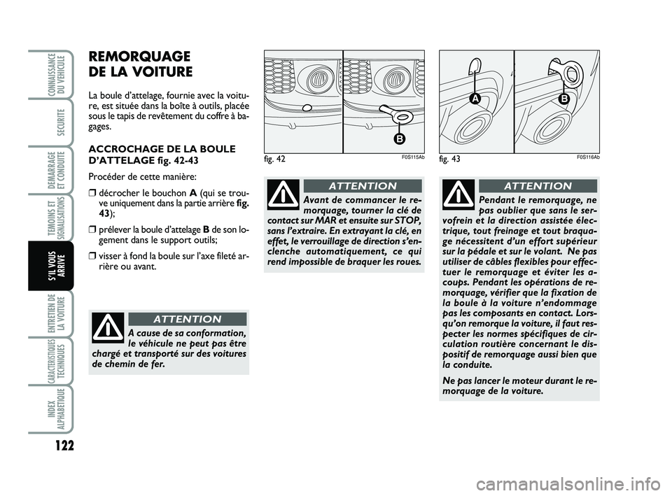 Abarth 500 2011 Notice dentretien (in French) 122
TEMOINS ETSIGNALISATION
S
ENTRETIEN DE
LA VOITURE
CARACTERISTIQUESTECHNIQUES
INDEX
ALPHABETIQUE
CONNAISSANCEDU VEHICULE
SECURITE
DEMARRAGE
ET CONDUITE
S’IL VOUS
ARRIVE
REMORQUAGE
DE LA VOITURE Abarth 500 2011 Notice dentretien (in French) 122
TEMOINS ETSIGNALISATION
S
ENTRETIEN DE
LA VOITURE
CARACTERISTIQUESTECHNIQUES
INDEX
ALPHABETIQUE
CONNAISSANCEDU VEHICULE
SECURITE
DEMARRAGE
ET CONDUITE
S’IL VOUS
ARRIVE
REMORQUAGE
DE LA VOITURE